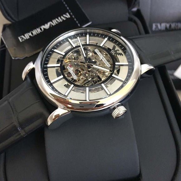 Shop Authentic Emporio Armani Luigi Silver Skeleton Dial Black Leather Strap Watch For Men - AR1981 - Luxxuri