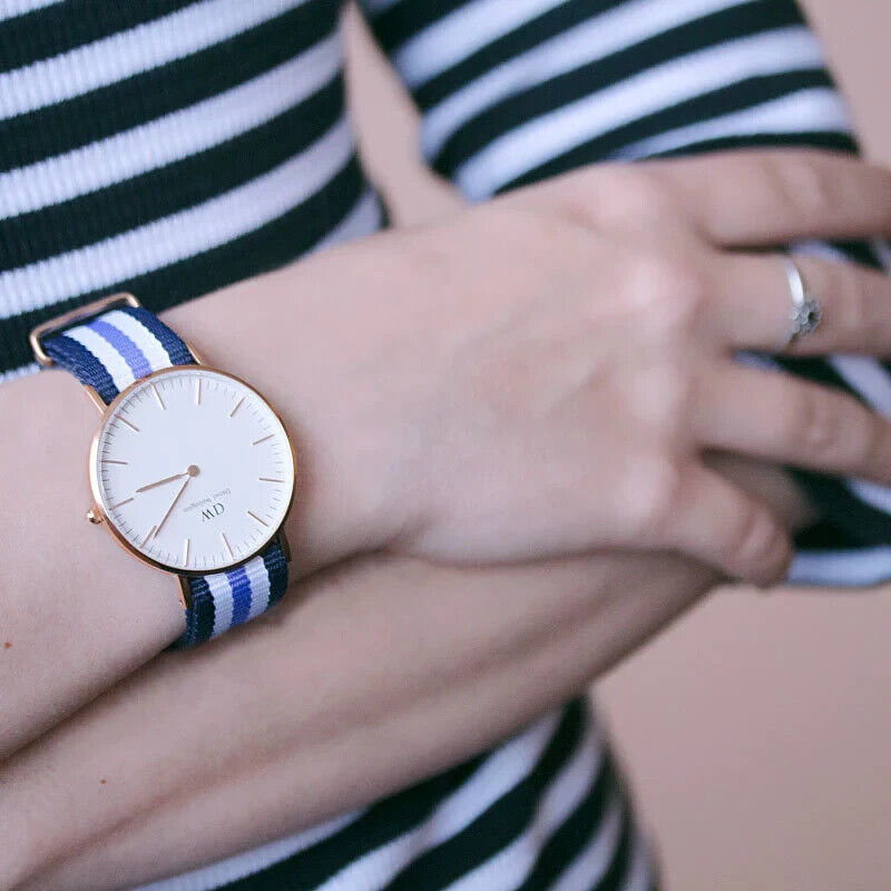 Shop Authentic Daniel Wellington Classic Trinity White Dial Three Tone Nylon Strap Watch For Women - 0509DW - Luxxuri