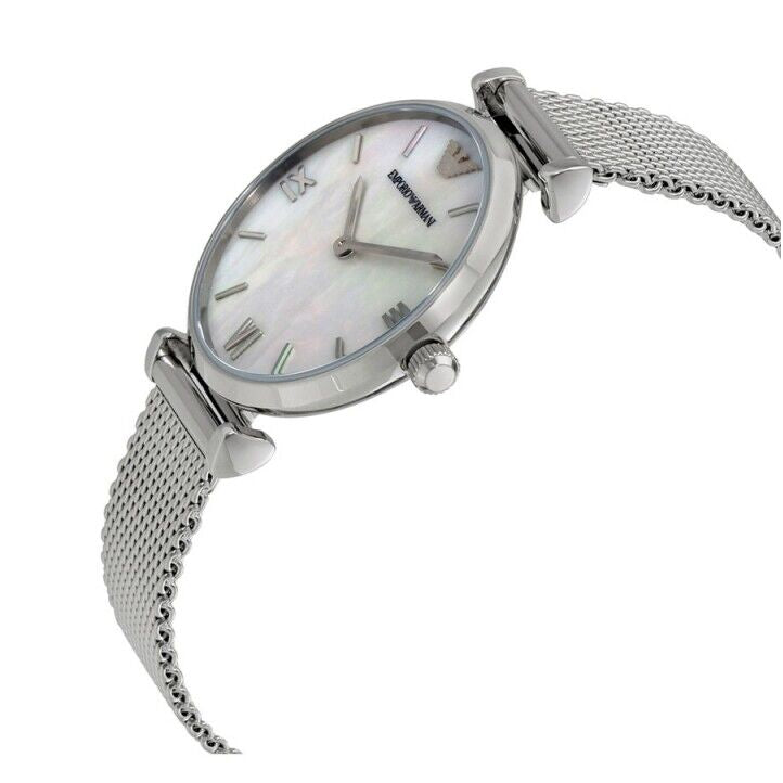 Emporio Armani Gianni T Bar Mother of Pearl Dial Silver Steel Strap Watch For Women - AR1955