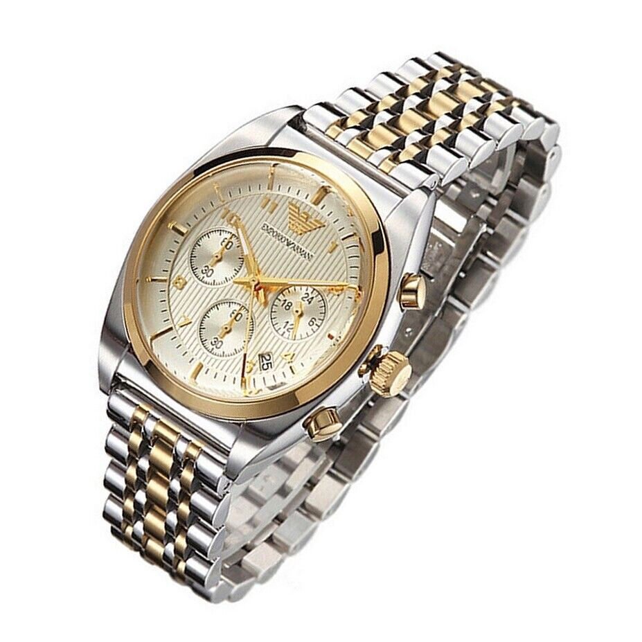 Shop Authentic Emporio Armani Classic Chronograph White Dial Two Tone Steel Strap Watch For Men - AR0396 - Luxxuri
