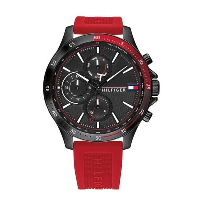 Tommy Hilfiger Multifunction Quartz Black Dial Red Rubber Strap Watch for Men - 1791722