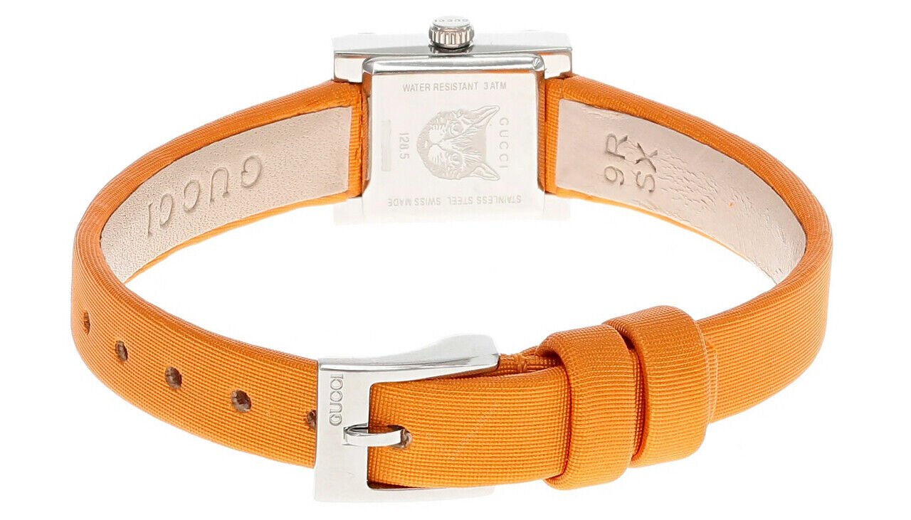 Shop Authentic Gucci G-Frame Square Mother of Pearl Orange Dial Orange Leather Strap Watch For Women - YA128532 - Luxxuri