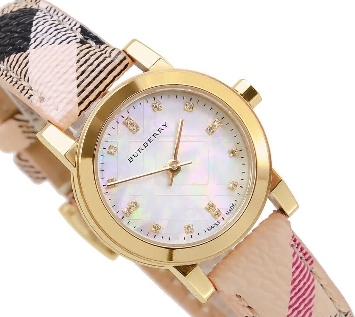 Shop Authentic Burberry The City Diamonds Mother of Pearl Dial Brown Leather Strap Watch for Women - BU9226 - Luxxuri