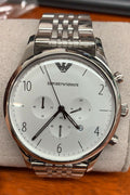 Shop Authentic Emporio Armani Classic Chronograph Silver Dial Silver Steel Strap Watch For Men - AR1879 - Luxxuri