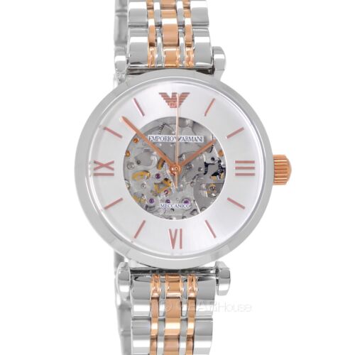Emporio Armani Gianni T Bar Silver Skeleton Dial Two Tone Strap Watch For Women - AR1992