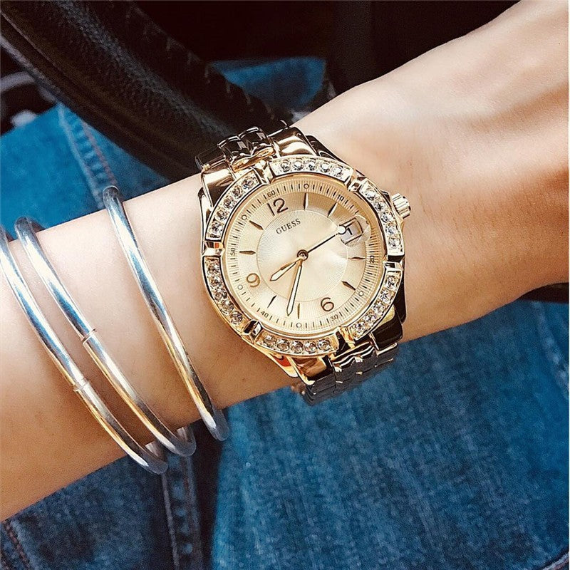 Shop Authentic Guess Dazzling Diamonds Gold Dial Gold Steel Strap Watch for Women - W85110L1 - Luxxuri