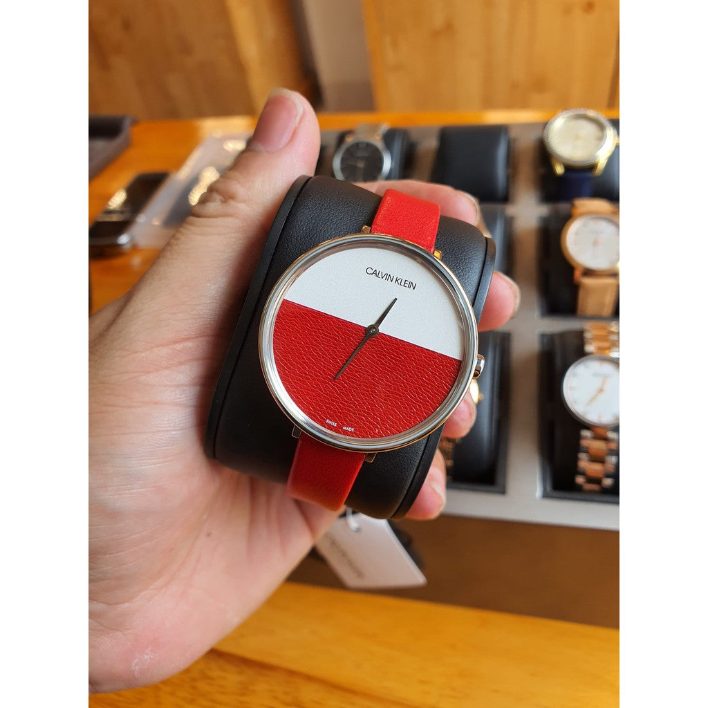 Shop Authentic Calvin Klein Rise Yellow Red Dial Red Leather Strap Watch for Women - K7A231UP - Luxxuri