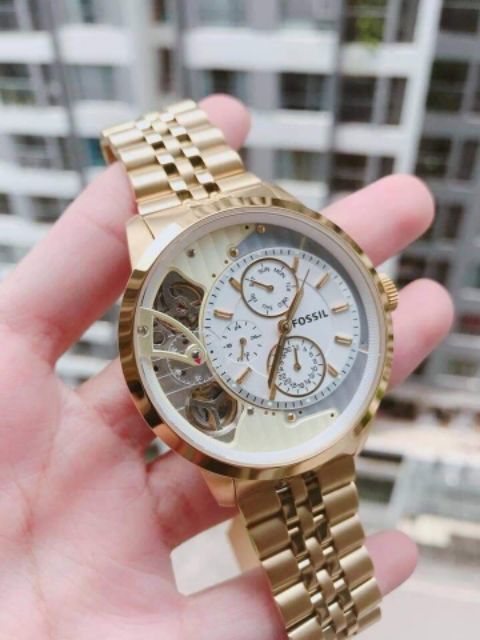 Fossil Townsman Chronograph Skeleton Gold Dial Gold Steel Strap Watch for Men - ME1137