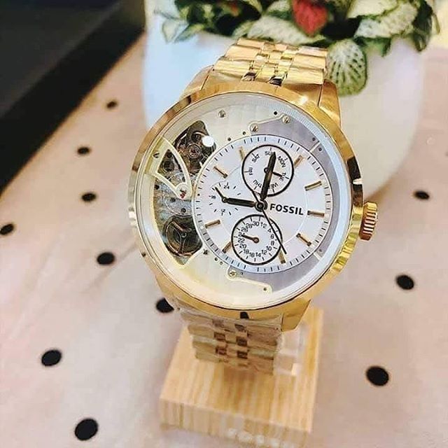 Fossil Townsman Chronograph Skeleton Gold Dial Gold Steel Strap Watch for Men - ME1137