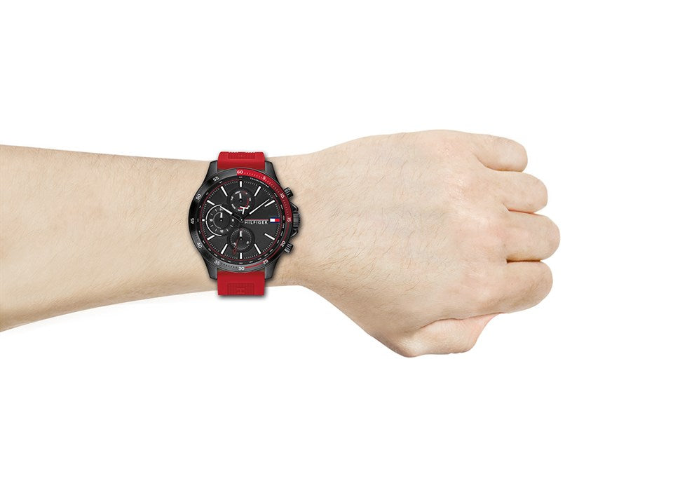Tommy Hilfiger Multifunction Quartz Black Dial Red Rubber Strap Watch for Men - 1791722