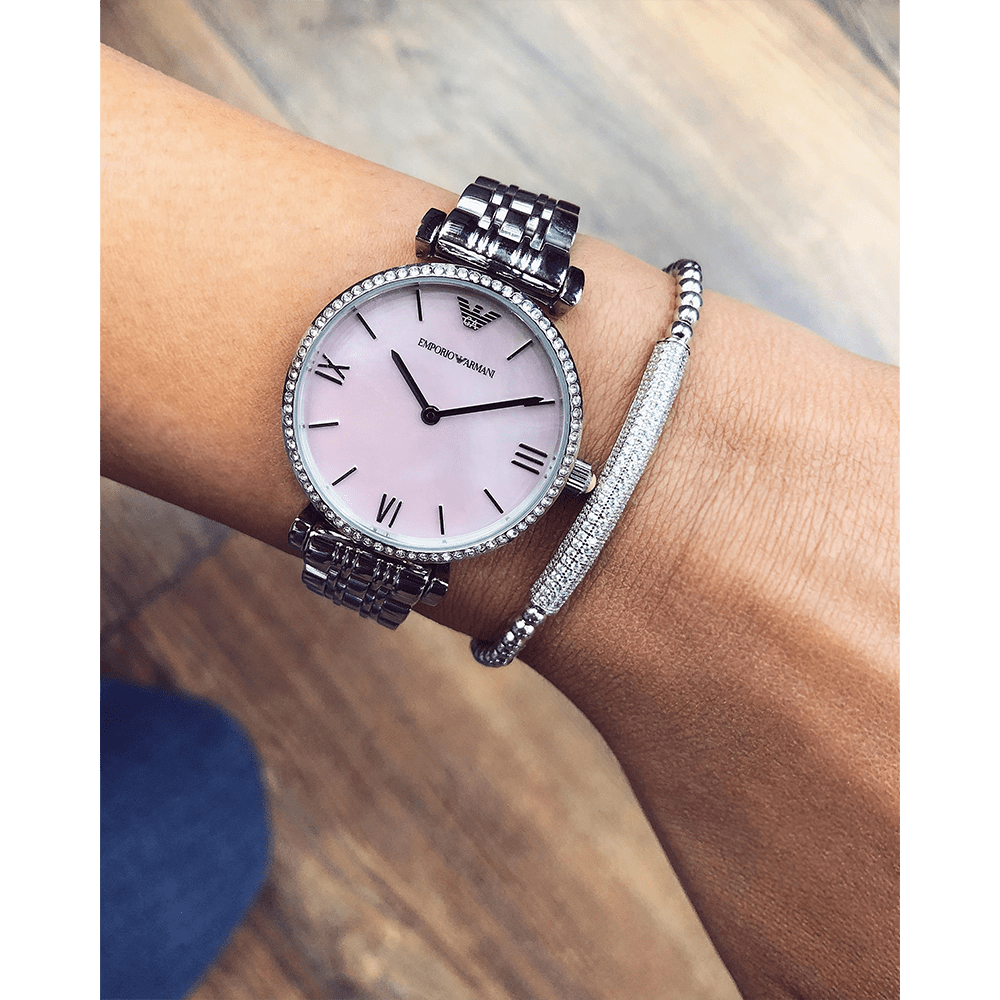 Emporio Armani Gianni T Bar Pink Mother of Pearl Dial Silver Steel Strap Watch For Women - AR1779