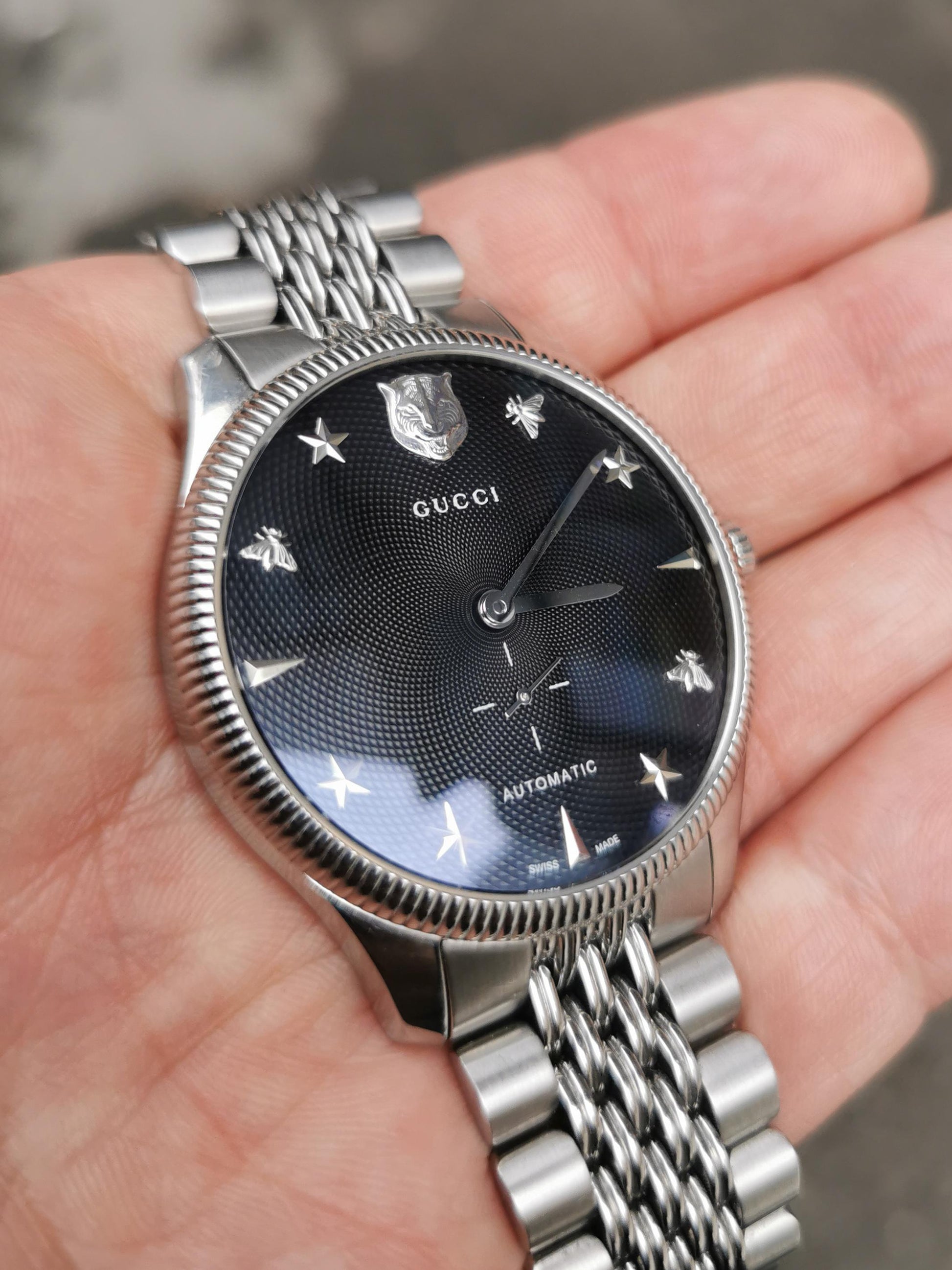 Shop Authentic Gucci G Timeless Automatic Black Dial Silver Steel Strap Watch For Men - YA126353 - Luxxuri
