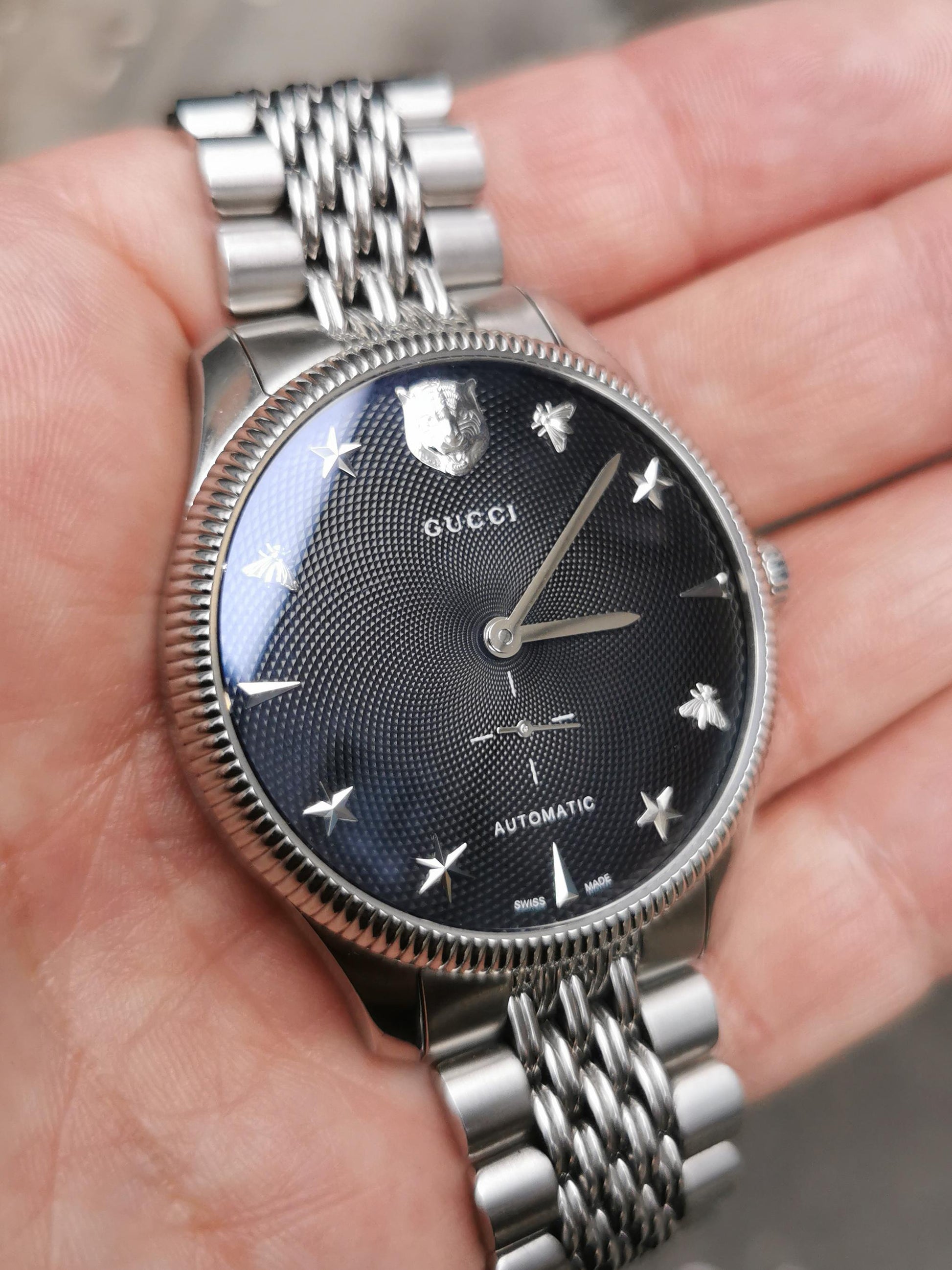 Shop Authentic Gucci G Timeless Automatic Black Dial Silver Steel Strap Watch For Men - YA126353 - Luxxuri