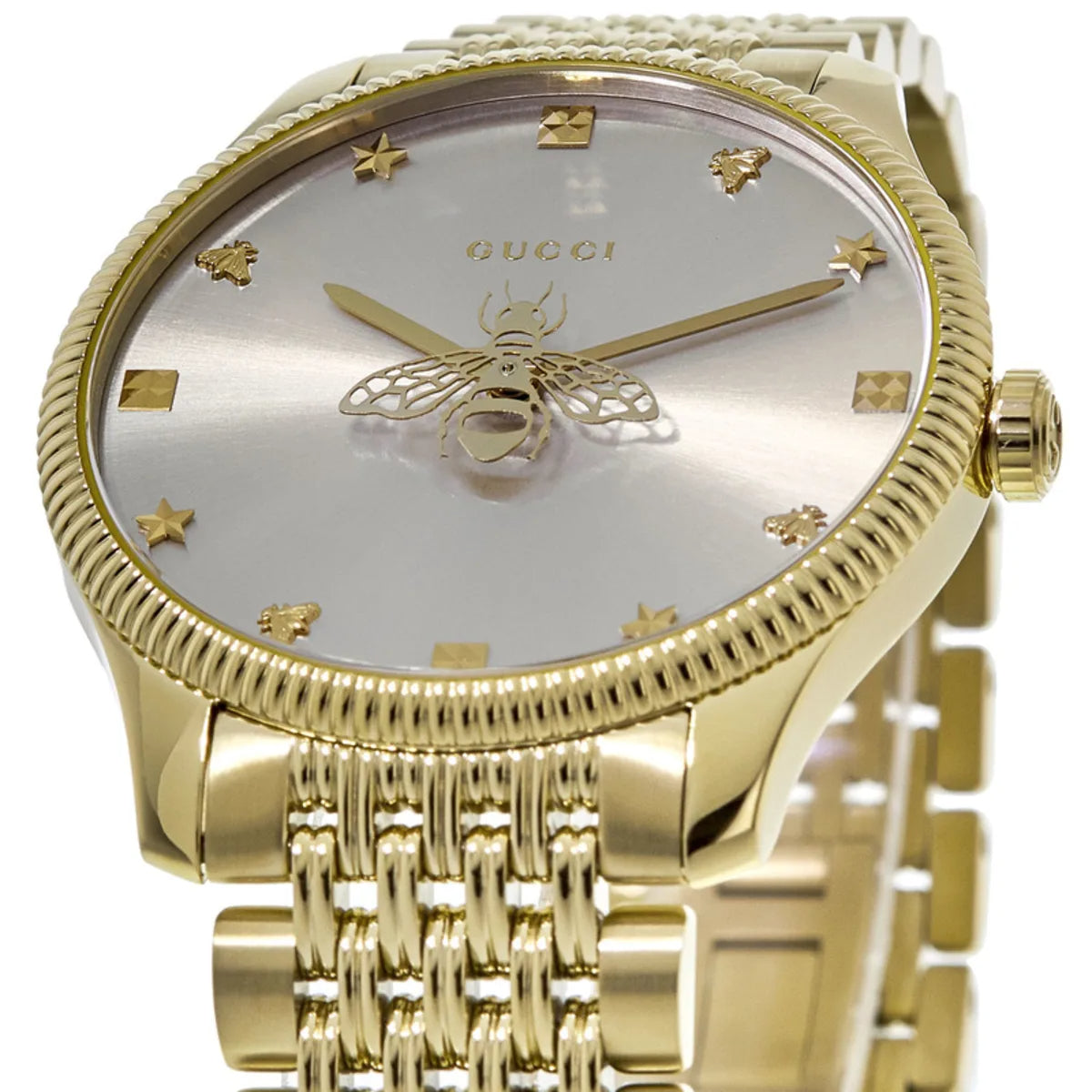 Shop Authentic Gucci G Timeless Quartz Silver Dial Gold Steel Strap Watch For Women - YA1264155 - Luxxuri