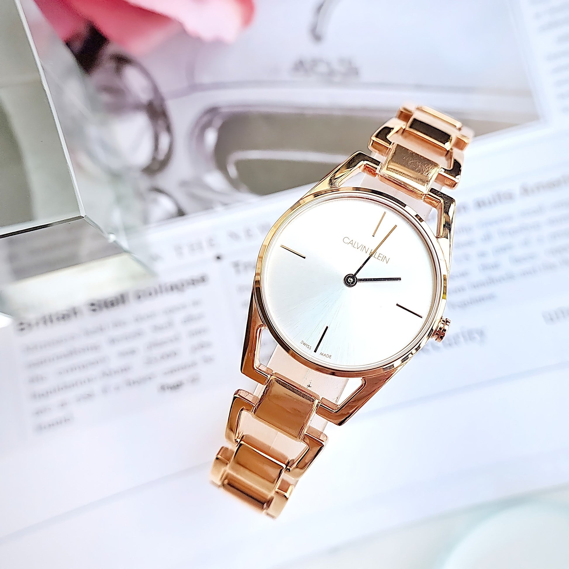 Shop Authentic Calvin Klein Dainty White Dial Rose Gold Steel Strap Watch for Women - K7L23646 - Luxxuri