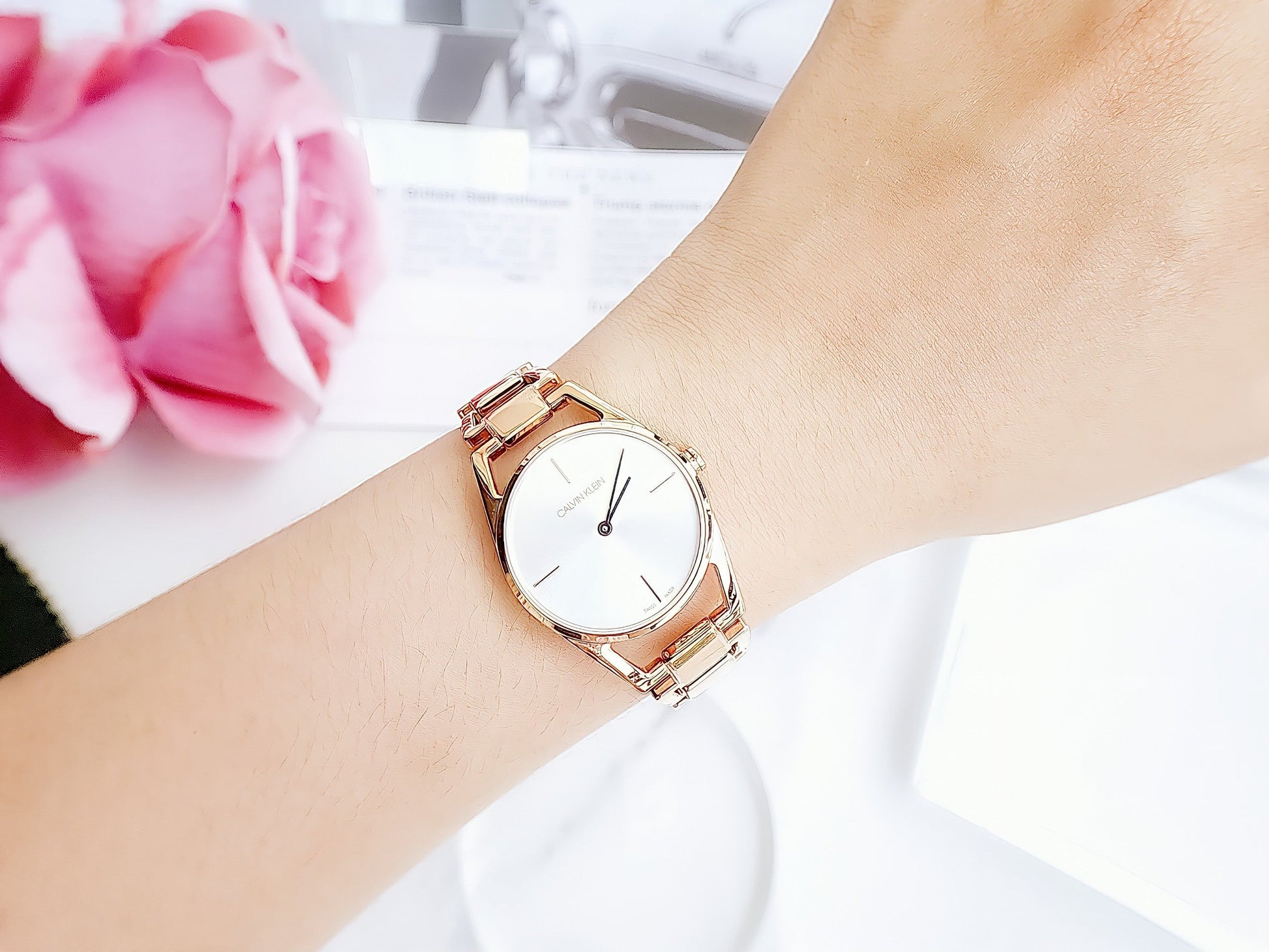 Shop Authentic Calvin Klein Dainty White Dial Rose Gold Steel Strap Watch for Women - K7L23646 - Luxxuri