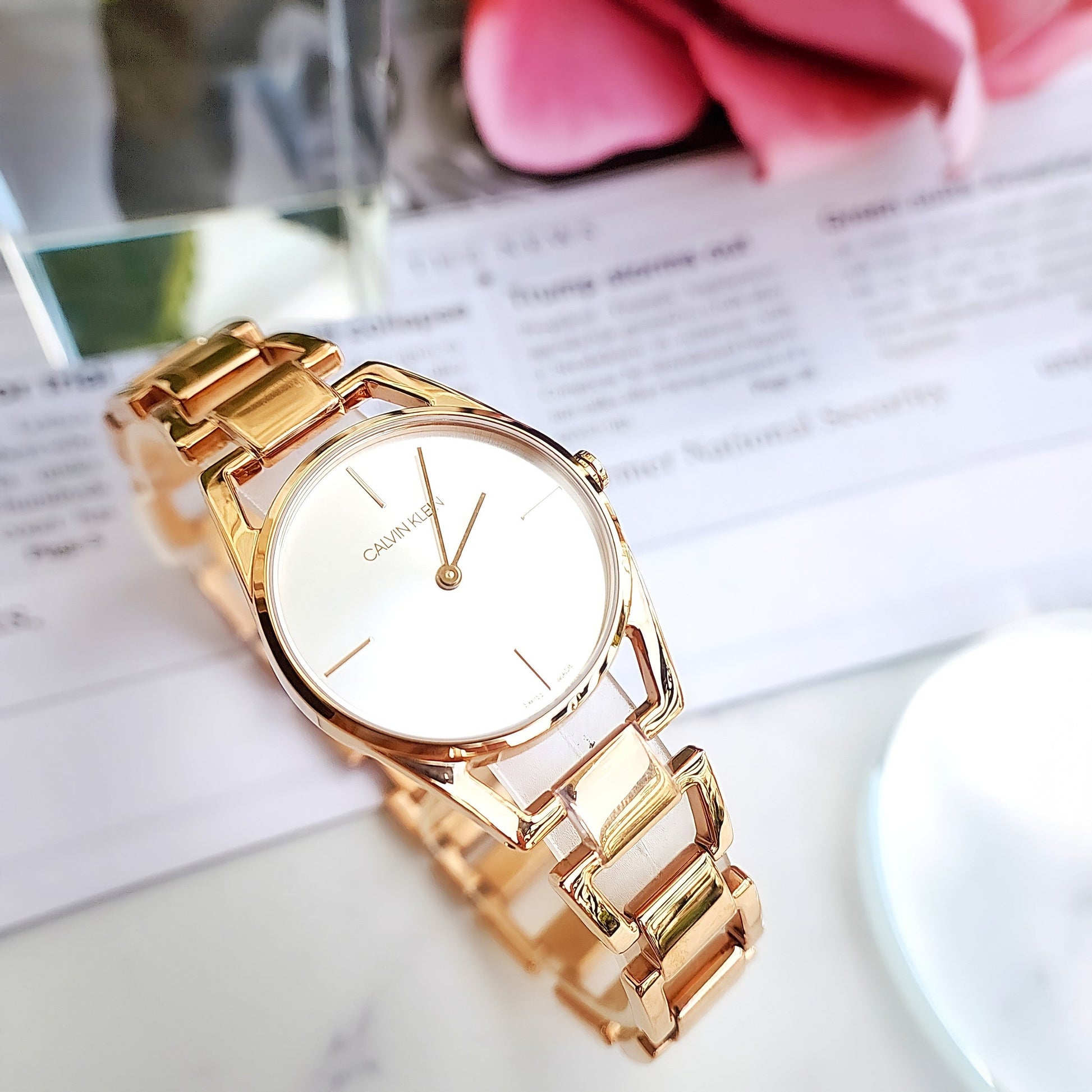 Shop Authentic Calvin Klein Dainty White Dial Rose Gold Steel Strap Watch for Women - K7L23646 - Luxxuri