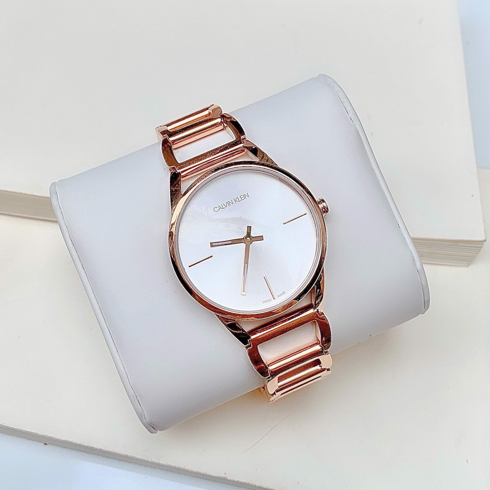 Shop Authentic Calvin Klein Stately White Dial Rose Gold Steel Strap Watch for Women - K3G23626 - Luxxuri