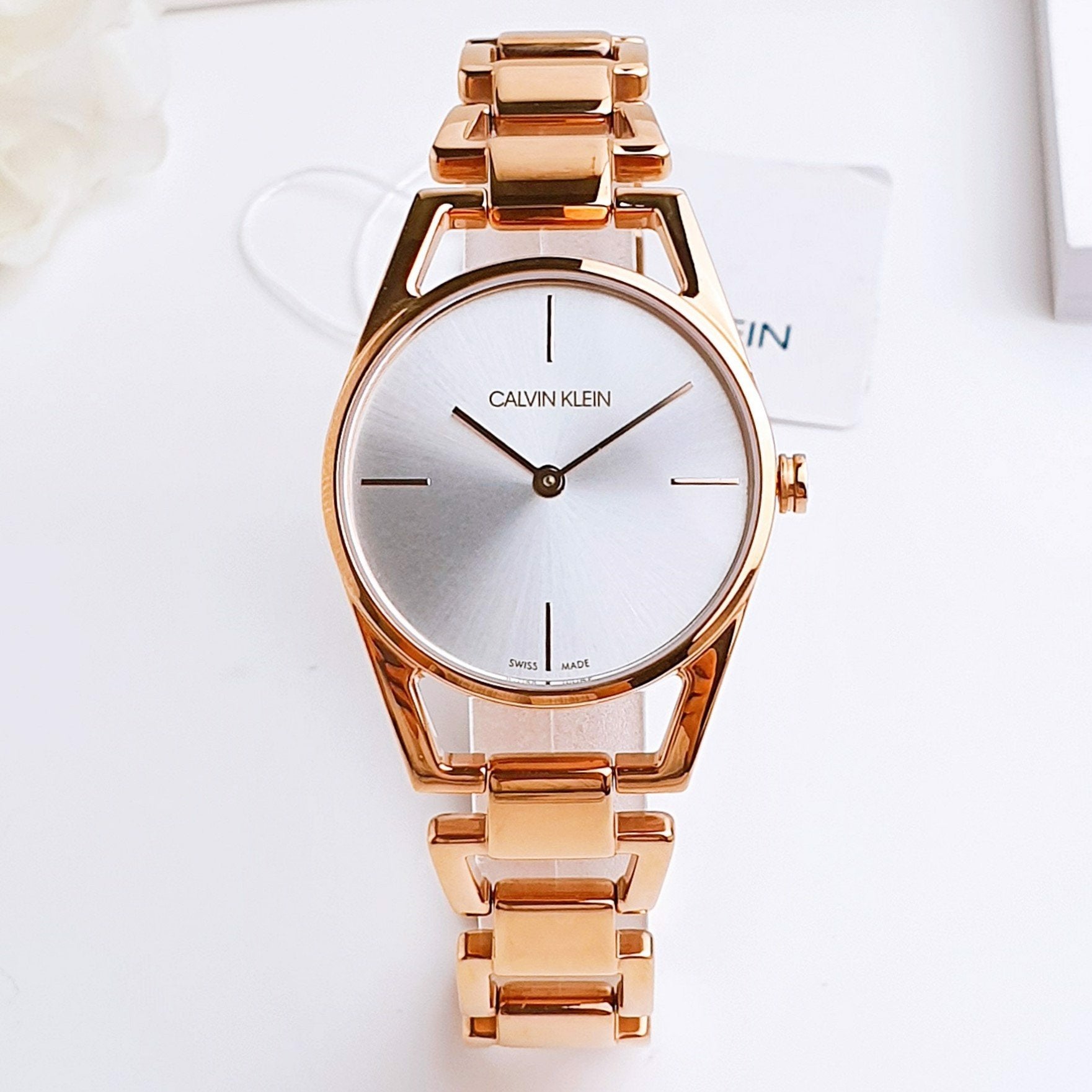 Shop Authentic Calvin Klein Dainty White Dial Rose Gold Steel Strap Watch for Women - K7L23646 - Luxxuri