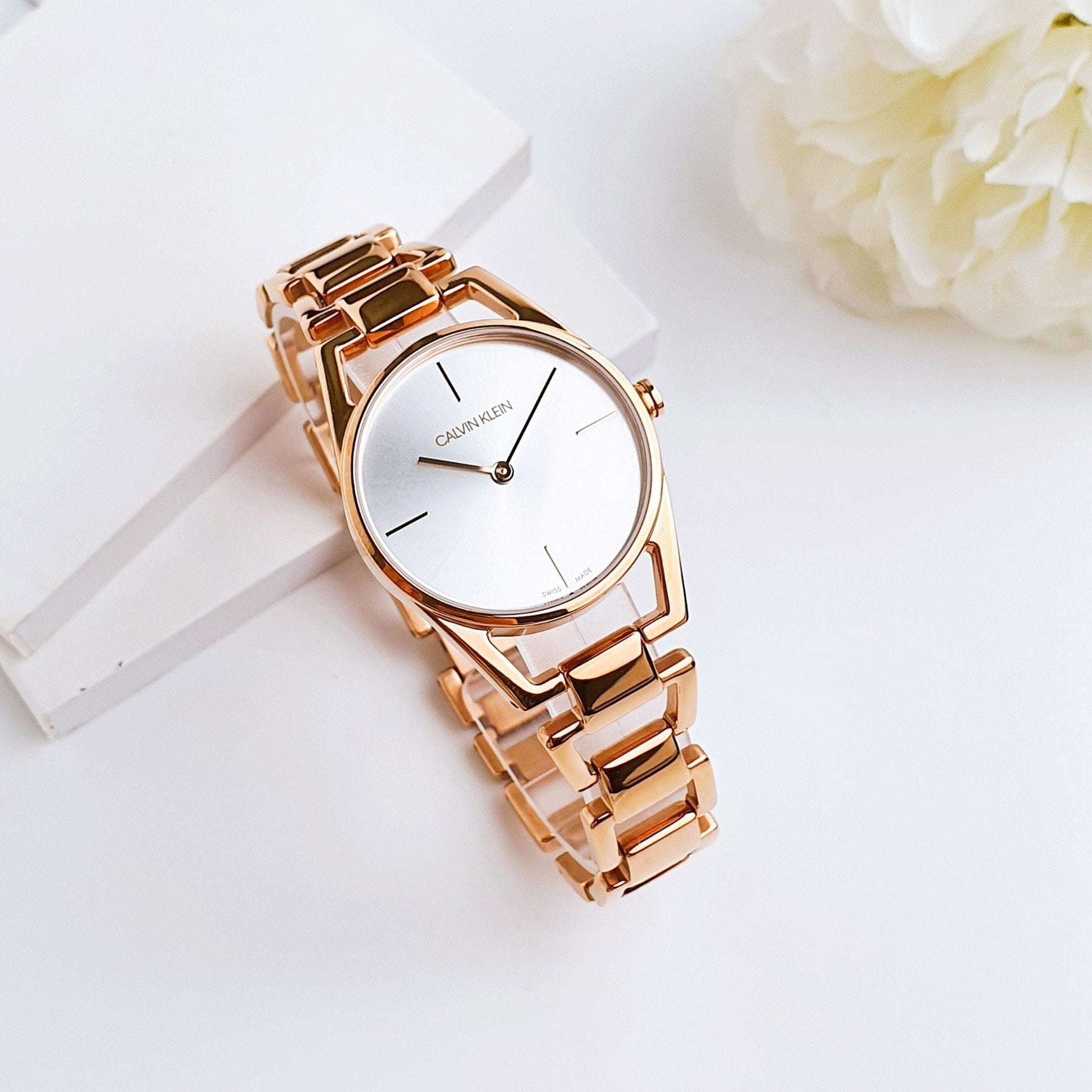 Shop Authentic Calvin Klein Dainty White Dial Rose Gold Steel Strap Watch for Women - K7L23646 - Luxxuri