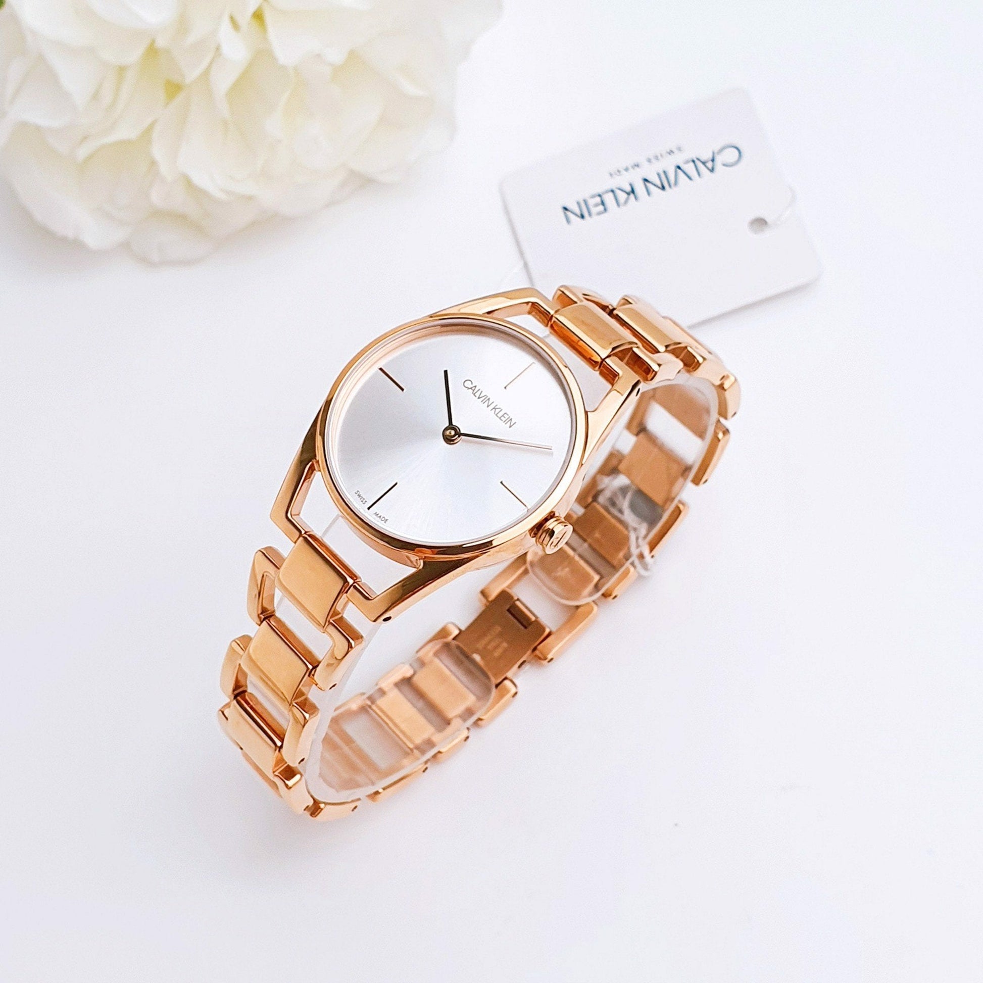 Shop Authentic Calvin Klein Dainty White Dial Rose Gold Steel Strap Watch for Women - K7L23646 - Luxxuri