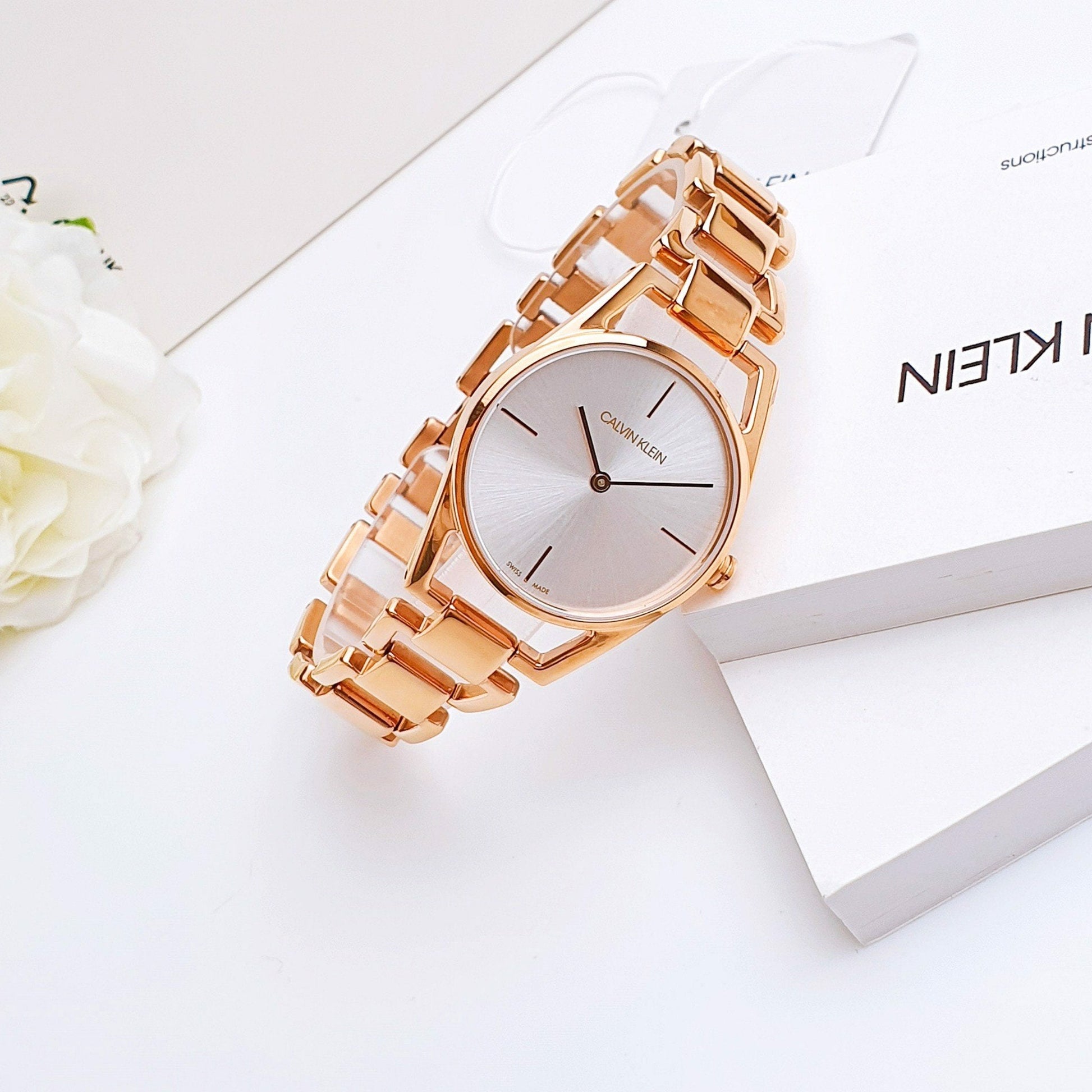 Shop Authentic Calvin Klein Dainty White Dial Rose Gold Steel Strap Watch for Women - K7L23646 - Luxxuri