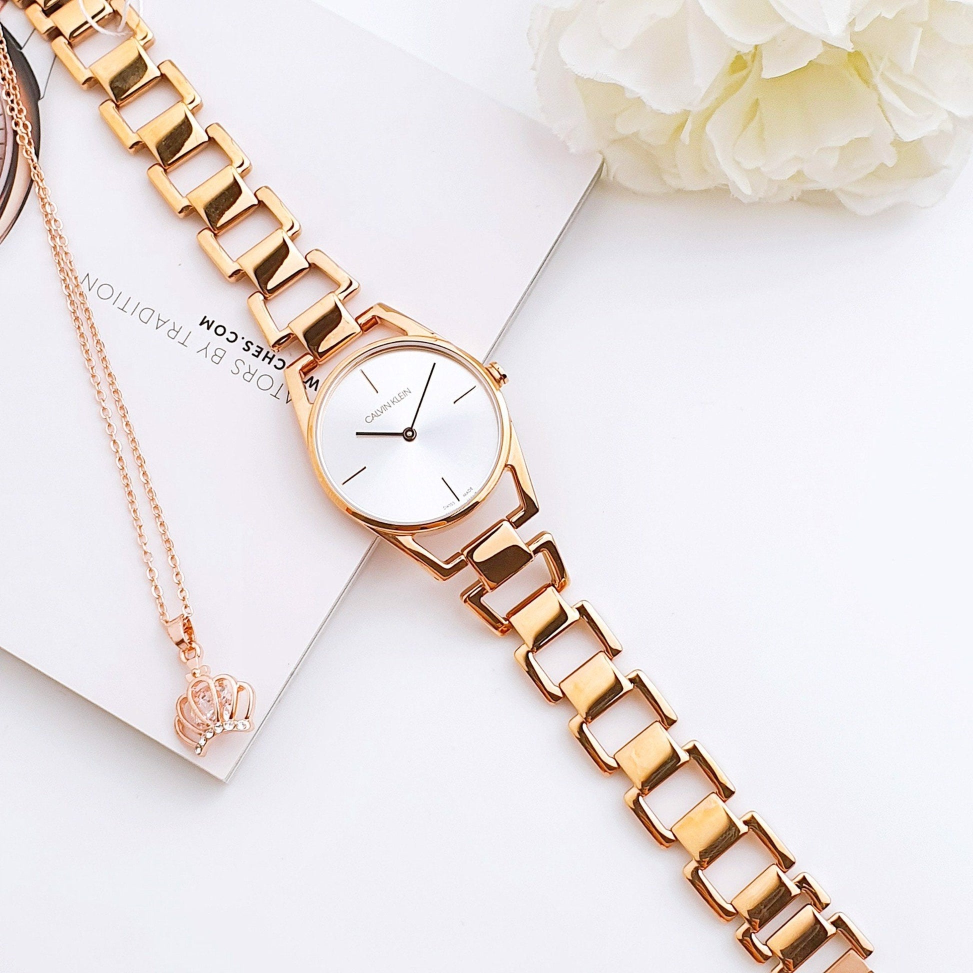 Shop Authentic Calvin Klein Dainty White Dial Rose Gold Steel Strap Watch for Women - K7L23646 - Luxxuri