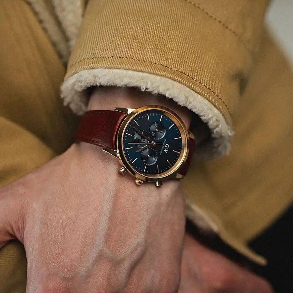 Shop Authentic Daniel Wellington Iconic Chronograph Blue Dial Brown Leather Strap Watch For Men - DW00100639 - Luxxuri