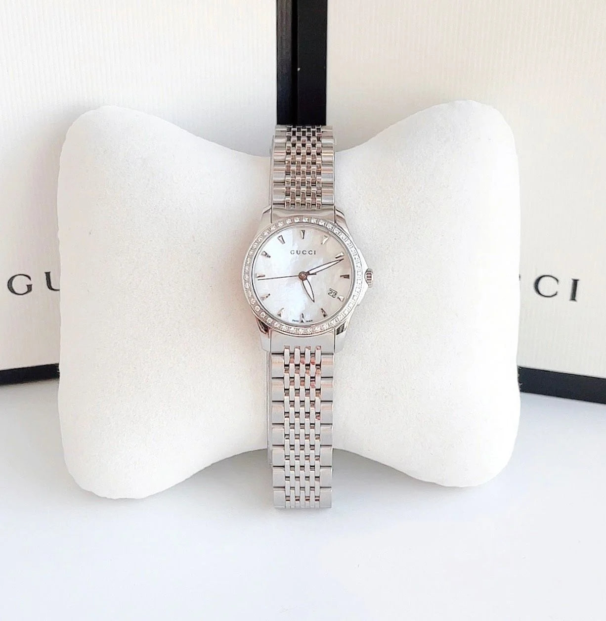 Shop Authentic Gucci G Timeless Diamonds Mother of Pearl Dial Silver Steel Strap Watch For Women - YA126506 - Luxxuri