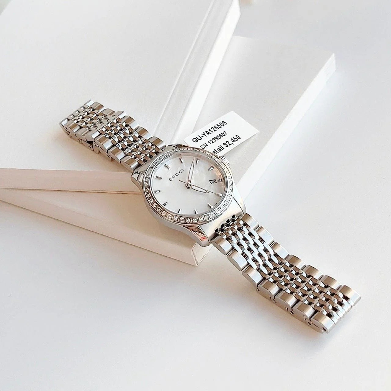 Shop Authentic Gucci G Timeless Diamonds Mother of Pearl Dial Silver Steel Strap Watch For Women - YA126506 - Luxxuri