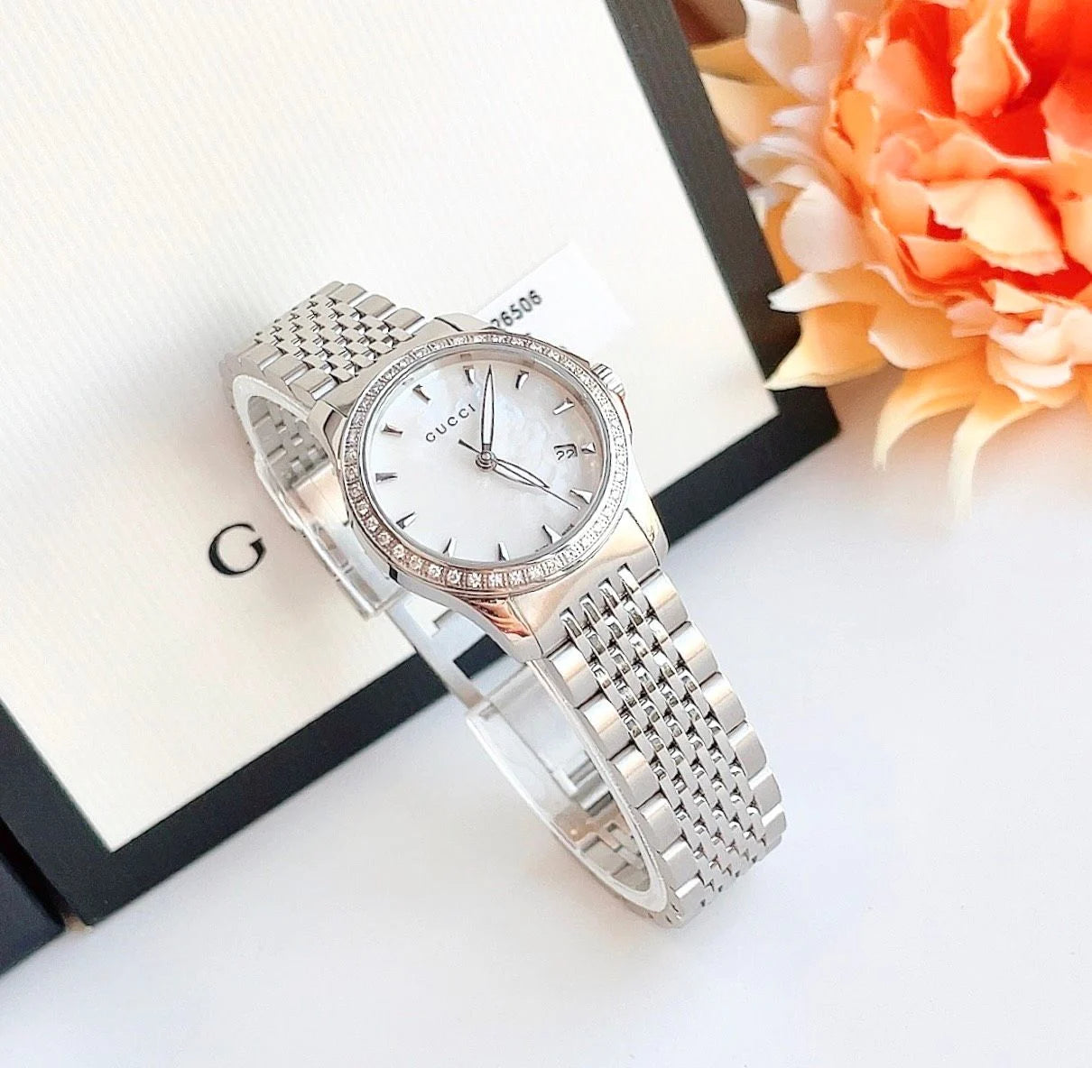 Shop Authentic Gucci G Timeless Diamonds Mother of Pearl Dial Silver Steel Strap Watch For Women - YA126506 - Luxxuri