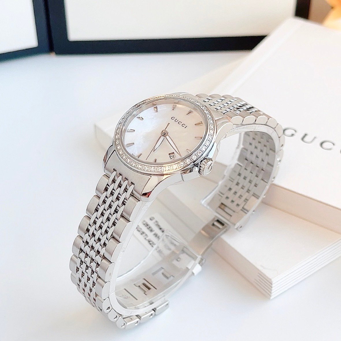 Shop Authentic Gucci G Timeless Diamonds Mother of Pearl Dial Silver Steel Strap Watch For Women - YA126506 - Luxxuri