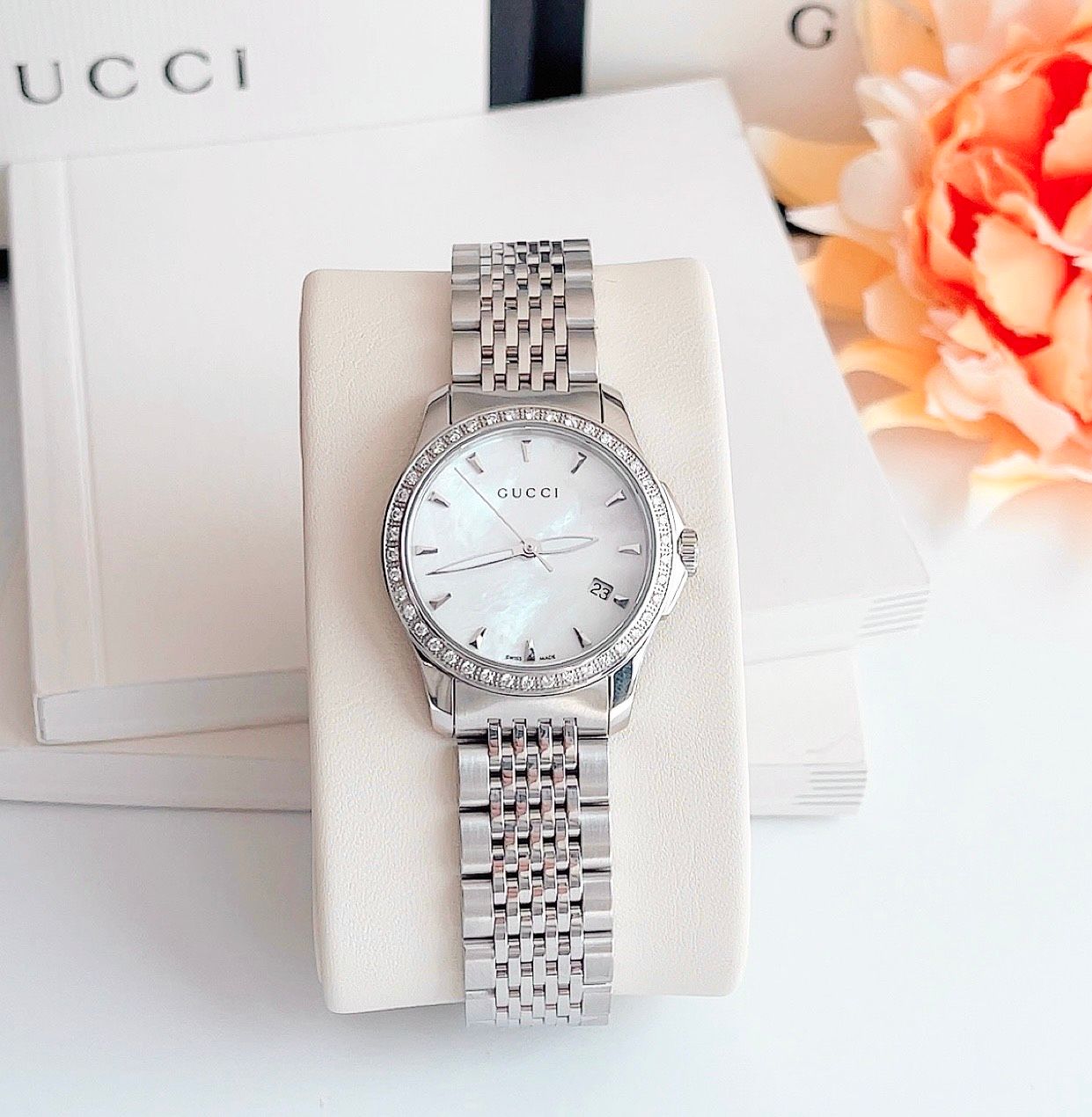 Shop Authentic Gucci G Timeless Diamonds Mother of Pearl Dial Silver Steel Strap Watch For Women - YA126506 - Luxxuri