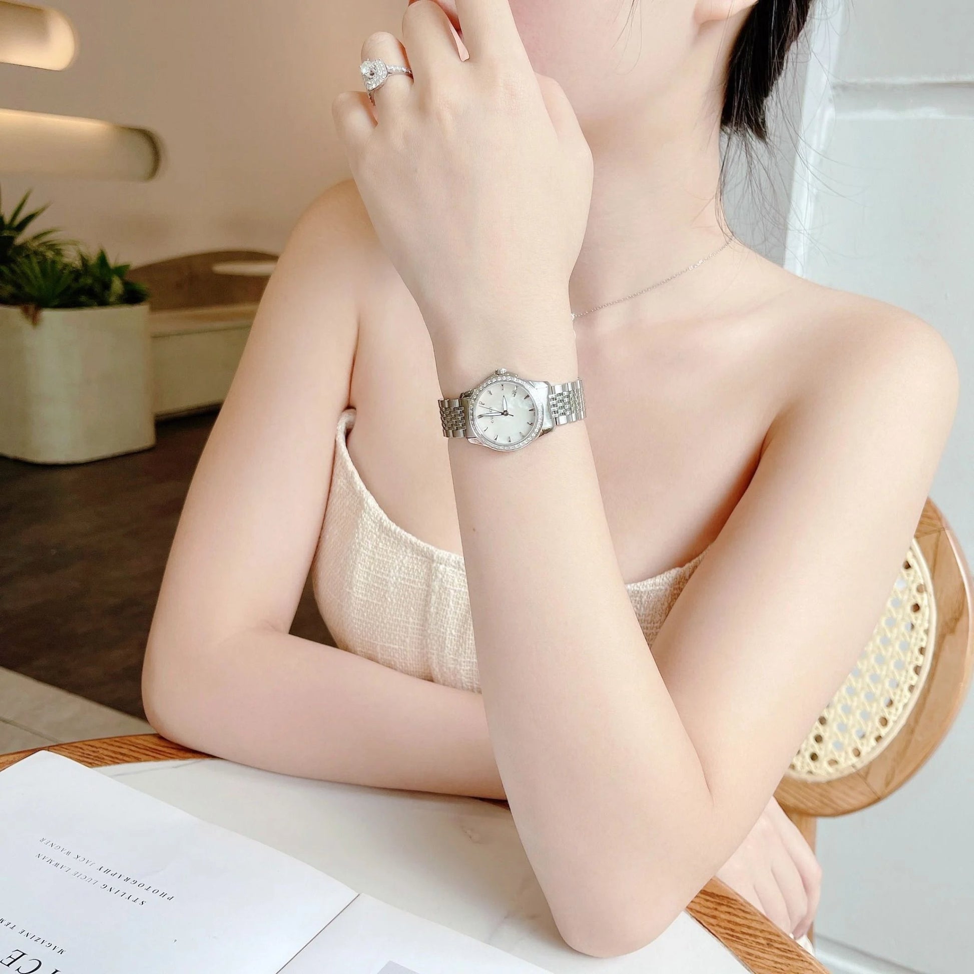 Shop Authentic Gucci G Timeless Diamonds Mother of Pearl Dial Silver Steel Strap Watch For Women - YA126506 - Luxxuri