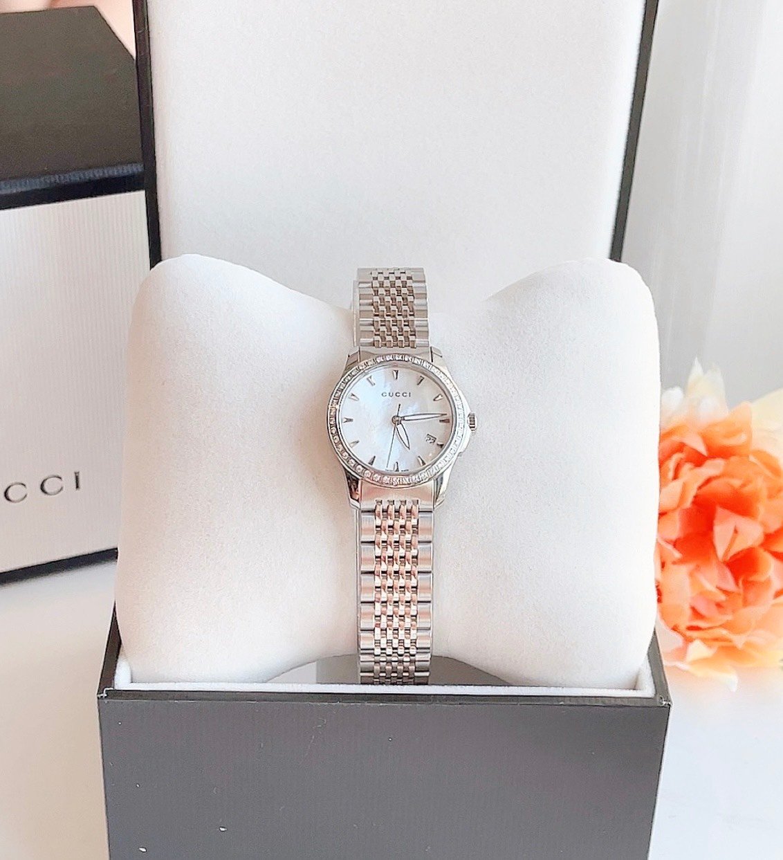 Shop Authentic Gucci G Timeless Diamonds Mother of Pearl Dial Silver Steel Strap Watch For Women - YA126506 - Luxxuri