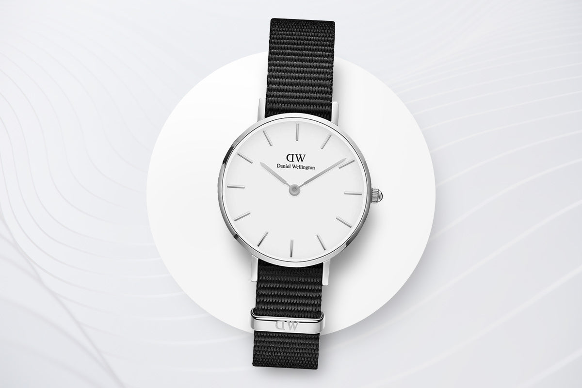 Shop Authentic Daniel Wellington Classic Petite Cornwall White Dial Black Nylon Strap Watch For Women - DW00100252 - Luxxuri