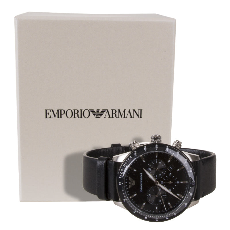  Shop Authentic Emporio Armani Mario Chronograph Black Dial Black Leather Strap Watch For Men - AR11243 - Luxxuri