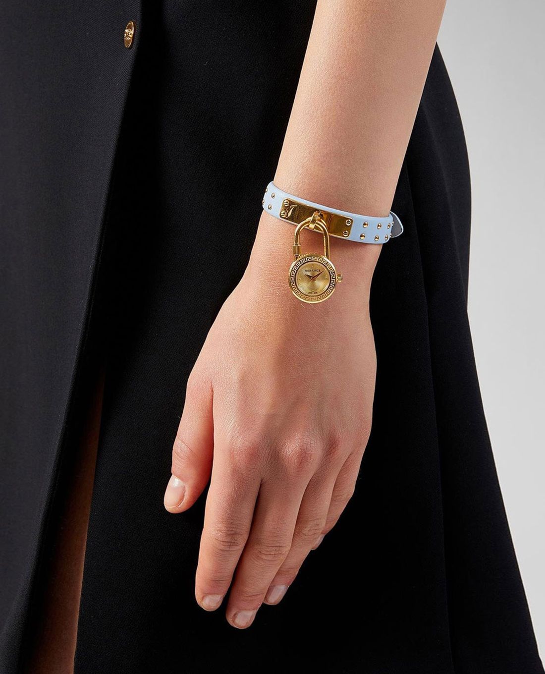  Shop Authentic Versace Medusa Lock Icon Quartz Gold Dial Pink & Blue Leather Strap Watch For Women - VEDW00219 - Luxxuri