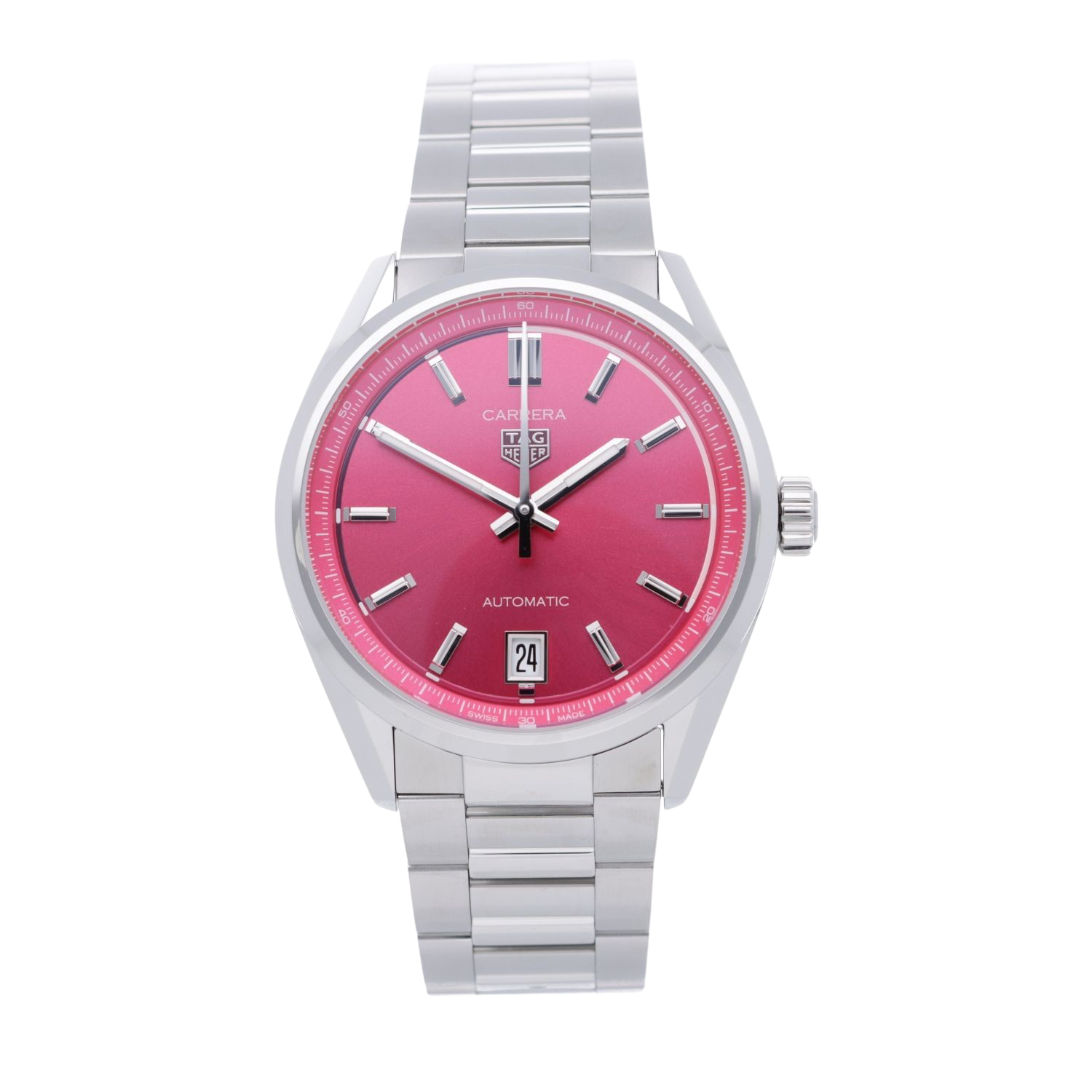 Tag Heuer Carrera Date Automatic 18K Pink Dial Silver Steel Strap Watch for Women - WBN2313.BA0001