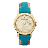  Shop Authentic Burberry The City Gold Dial Blue Leather Strap Watch for Women - BU9018 - Luxxuri