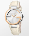  Shop Authentic Gucci Interlocking 18K Gold Silver Dial White Leather Strap Watch For Women - YA133303 - Luxxuri