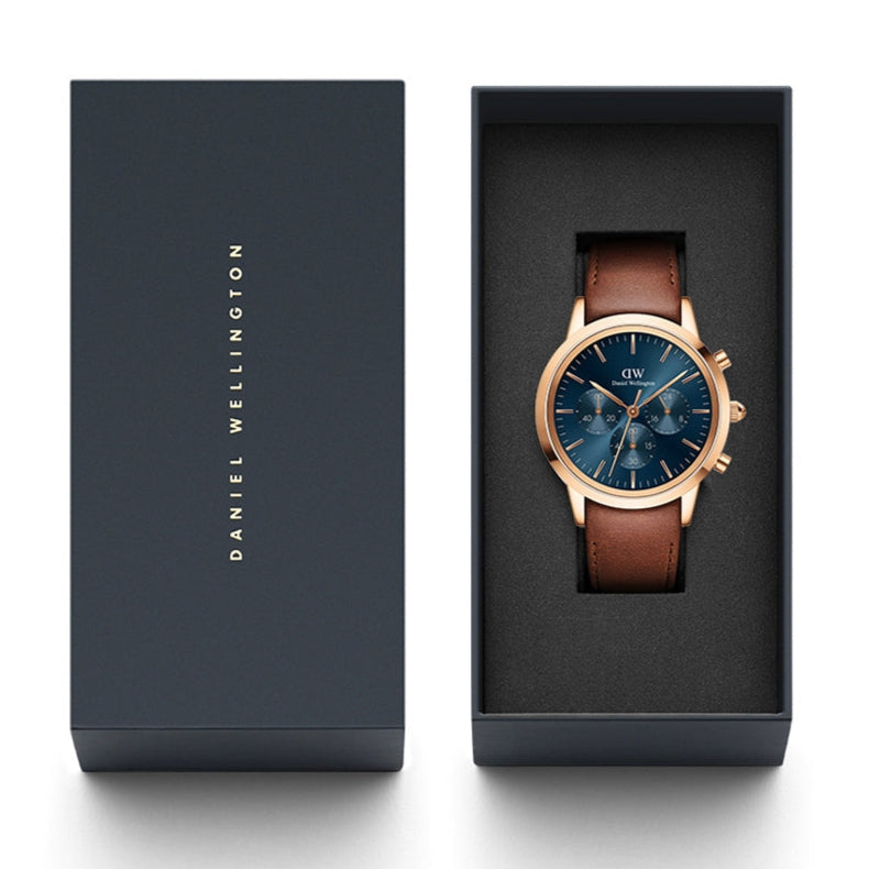  Shop Authentic Daniel Wellington Iconic Chronograph Blue Dial Brown Leather Strap Watch For Men - DW00100639 - Luxxuri