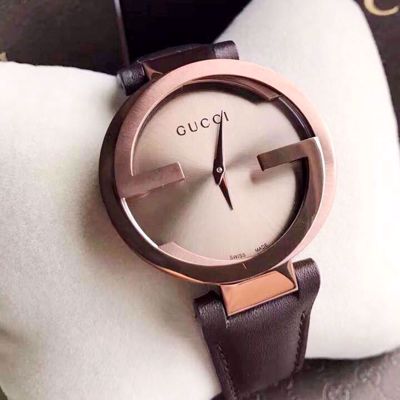  Shop Authentic Gucci Interlocking G 18K Gold Black Dial Brown Leather Strap Watch For Women - YA133304 - Luxxuri