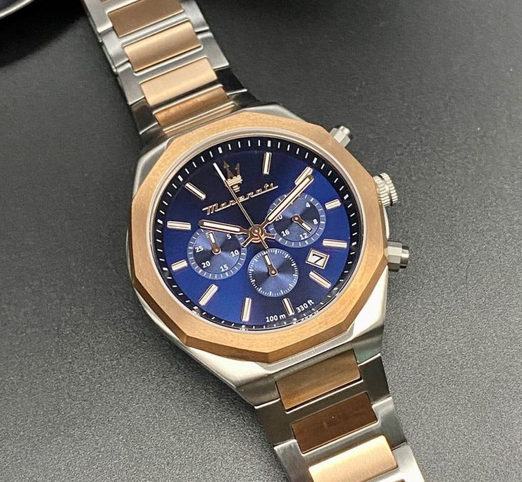  Shop Authentic Maserati Stile Chronograph Blue Dial Rose Gold Two Tone Strap Watch For Men - R8873642002 - Luxxuri