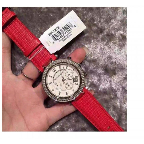  Shop Authentic Michael Kors Parker Silver Dial Red Leather Strap Watch for Women - MK2278 - Luxxuri