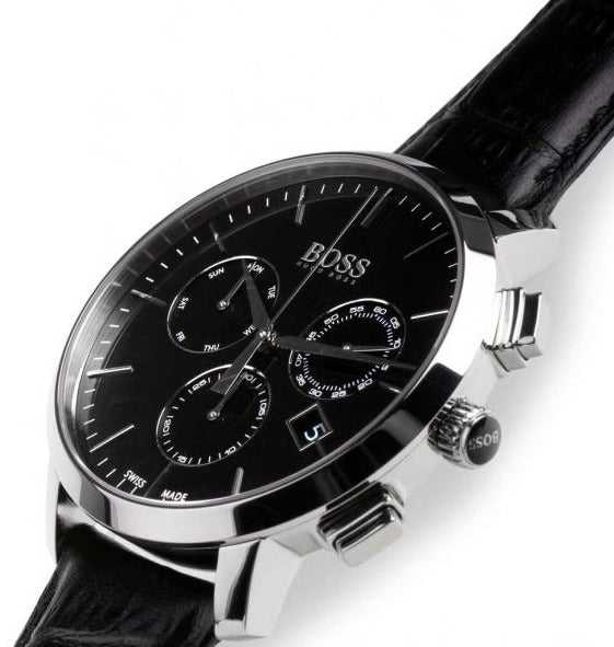 Shop Authentic Hugo Boss Chronograph Black Dial Black Leather Strap Watch For Men - 1513266 - Luxxuri