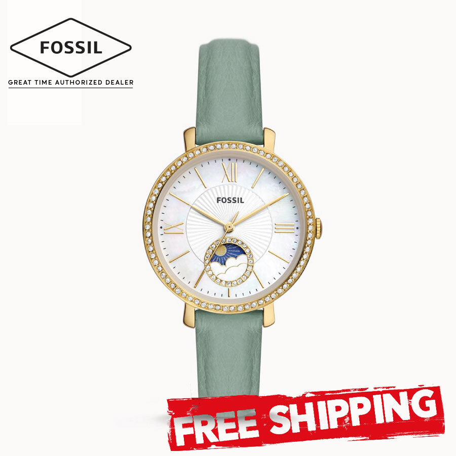 Fossil Jacqueline Analog Moonphase Mother of Pearl White Dial Green Leather Strap Watch for Women - ES5168