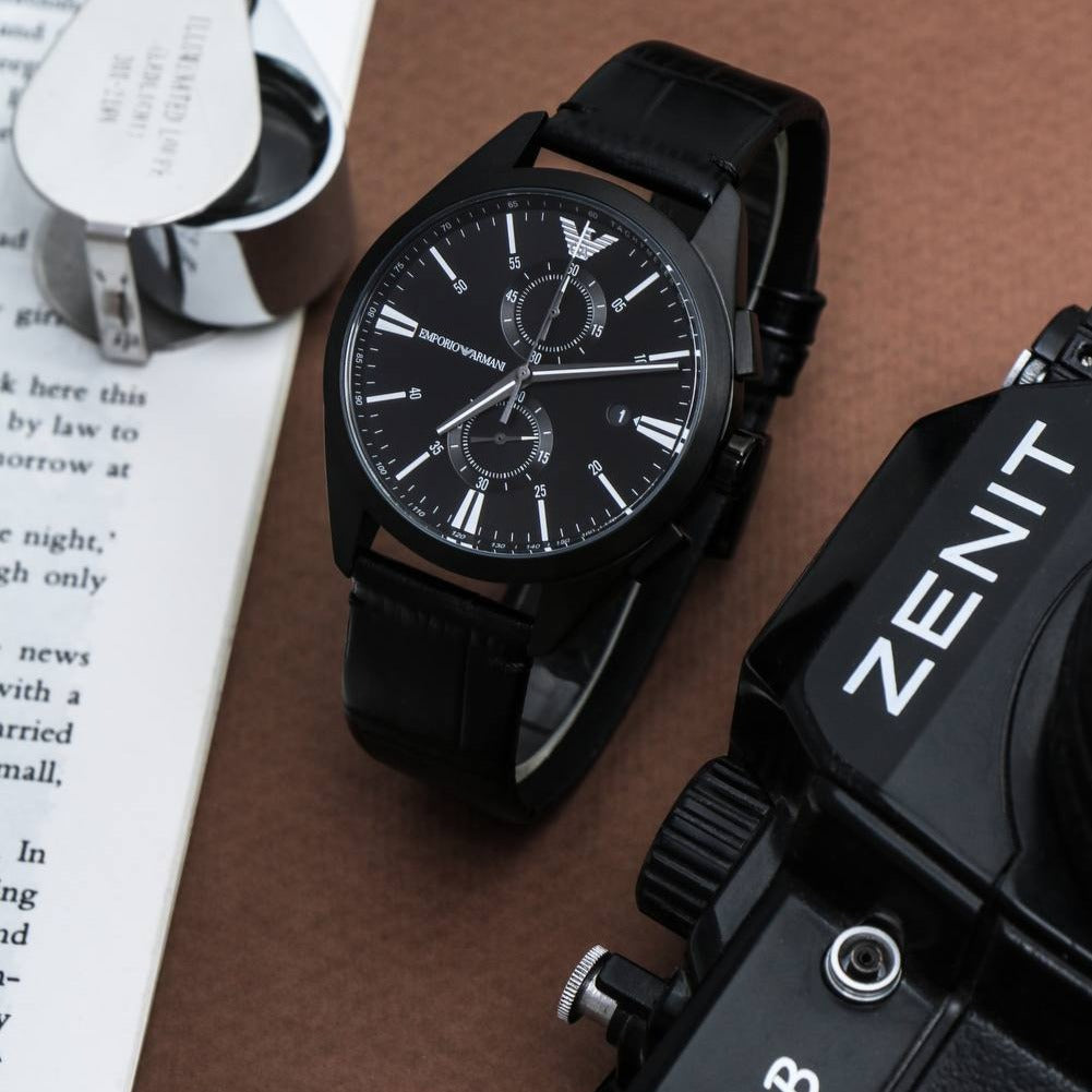  Shop Authentic Emporio Armani Claudio Chronograph Black Dial Black Leather Strap Watch For Men - AR11483 - Luxxuri