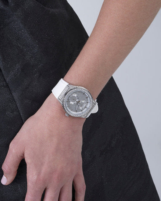 Shop Authentic Guess Princess Crystals Silver Dial White Silicone Strap Watch For Women - GW0439L1 - Luxxuri