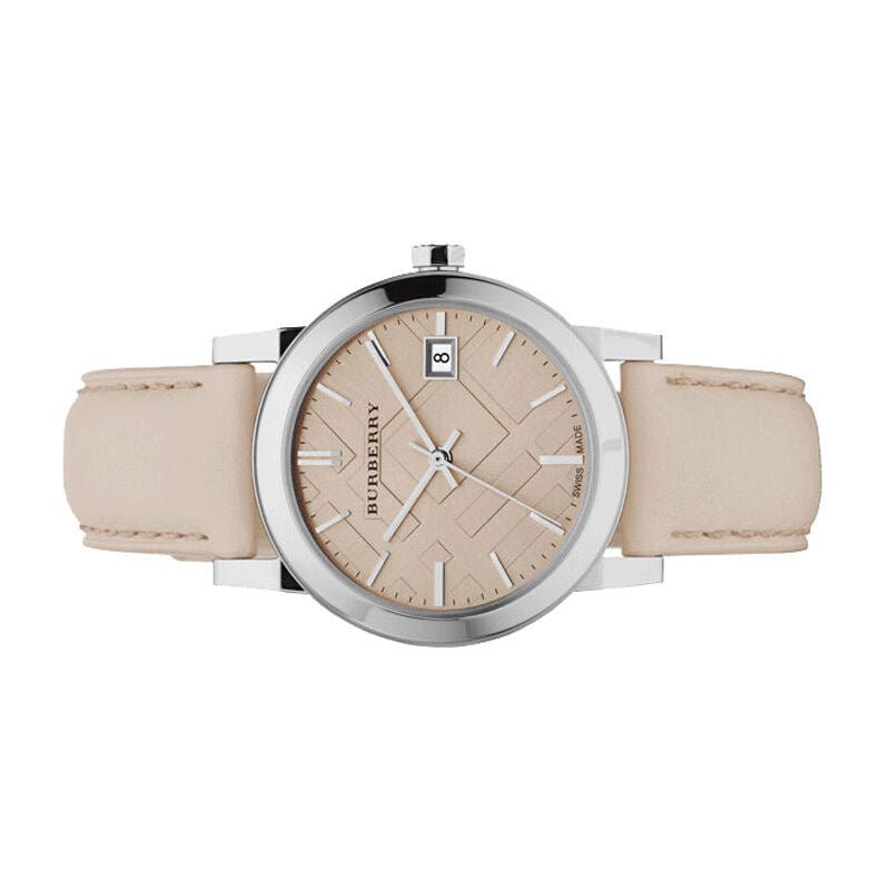  Shop Authentic Burberry The City Silver Dial Beige Leather Strap Unisex Watch - BU9010 - Luxxuri